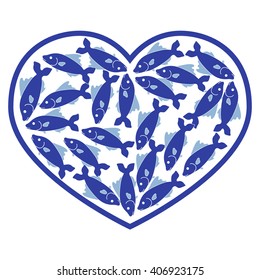 Cute picture of colored fish located along the contour of the heart on a white background