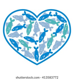 Cute picture of colored fish located along the contour of the heart on a white background