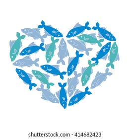 Cute picture of colored fish located along the contour of the heart on a white background