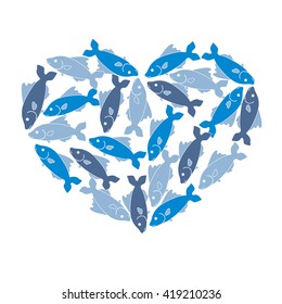 Cute picture of colored fish located along the contour of the heart on a white background