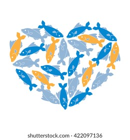 Cute picture of colored fish located along the contour of the heart on a white background