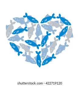 Cute picture of colored fish located along the contour of the heart on a white background