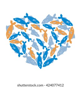 Cute picture of colored fish located along the contour of the heart on a white background