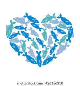 Cute picture of colored fish located along the contour of the heart on a white background