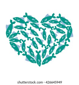 Cute picture of colored fish located along the contour of the heart on a white background