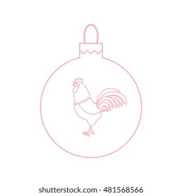 Cute picture with colour Christmas ball with rooster and snowfalls made in line style on white background.