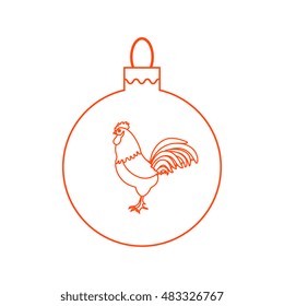 Cute picture with colour Christmas ball with rooster and snowfalls made in line style on white background.