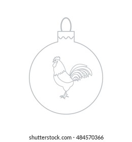 Cute picture with colour Christmas ball with rooster and snowfalls made in line style on white background.
