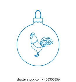 Cute picture with colour Christmas ball with rooster  made in line style on white background.