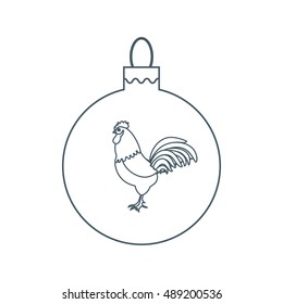 Cute picture with colour Christmas ball with rooster and snowfalls made in line style on white background.