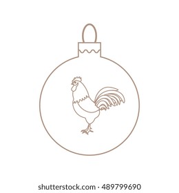 Cute picture with colour Christmas ball with rooster and snowfalls made in line style on white background.