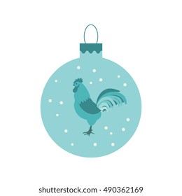 Cute picture with colour Christmas ball with rooster and snowfalls on white background.