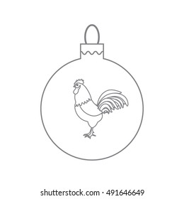 Cute picture with colour Christmas ball with rooster and snowfalls made in line style on white background.