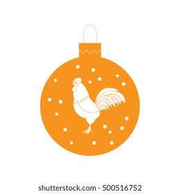 Cute picture with colour Christmas ball with rooster and snowfalls on white background.
