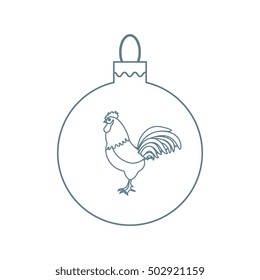 Cute picture with colour Christmas ball with rooster made in line style on white background.