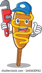 Ein süßes Bild des Maishundes, der als Klempner arbeitet
