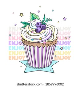 Cute picture with cupcake. Enjoy illustration. Summer composition for printing on any surface