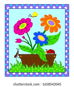 Cute picture with flowers, an ant, a butterfly and a ladybug. Drawing for applique from felt. Vector and illustration.