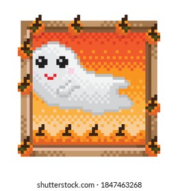 Cute picture frame pixel art. Cute Ghosts and Pumpkins. Vector picture.