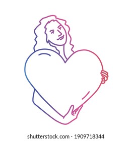 Cute picture of a girl with a heart in her hands. Colorful line. Vector illustration.
