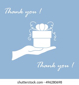 Cute picture with hand holding out a gift and an inscription: thank you on a colored background.