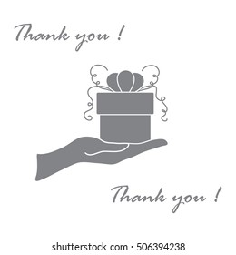 Cute picture with hand holding out a gift and an inscription: thank you on a white background.