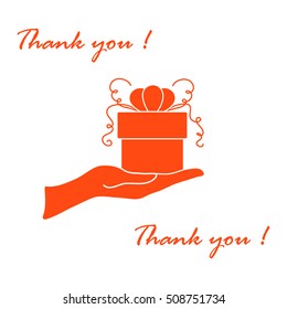 Cute picture with hand holding out a gift and an inscription: thank you on a white background.
