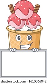 A cute picture of ice cream sundae grinning with board
