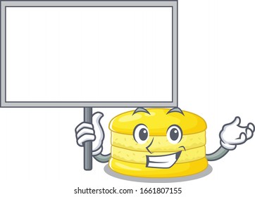 A cute picture of lemon macaron mascot design with a board