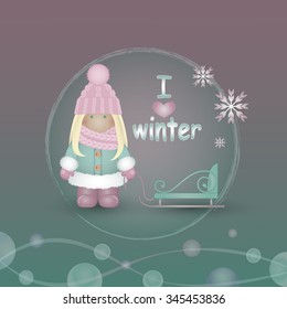 Cute picture of a little girl. Vector illustration. Winter time.