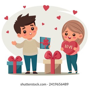 
Cute picture with lovers. A boy and a girl give each other gifts on a background of hearts. Template for congratulations, banner, invitation for Valentine's Day. Couple in love.