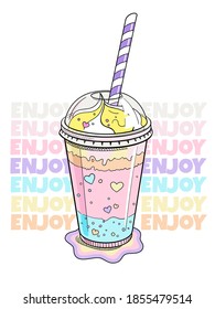 Cute picture with milkshake in cup. Enjoy  illustration. Summer composition for printing on any surface