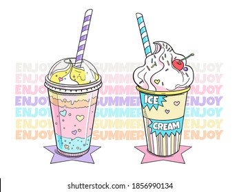 Cute picture with milkshake and ice cream. Enjoy summer  illustration. Summer composition for printing on any surface