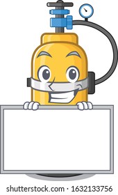 A cute picture of oxygen cylinder grinning with board