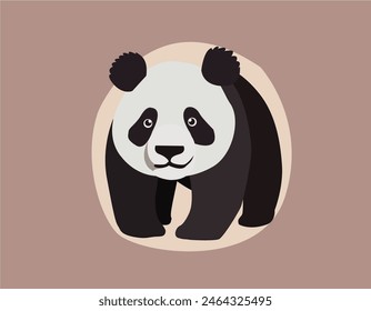 It’s a cute picture of a panda. The panda is black and white. The background is a light pink color