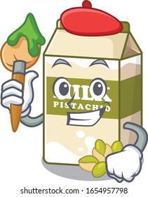 A cute picture of pistachio milk as an Artist having a brush