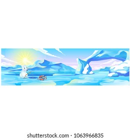Cute picture of a polar bear fishing. Vector cartoon close-up illustration.