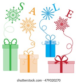 Cute picture with presents and gift boxes with snowflakes and text sale. Design element for postcard, invitation, banner or flyer.