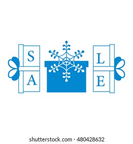 Cute picture with presents and gift boxes with snowflake and text sale. Design element for postcard, invitation, banner or flyer.
