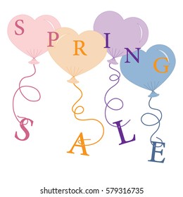 Cute picture with presents and gift boxes with balloon and text spring sale. Design element for postcard, invitation, banner or flyer.