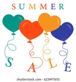 Cute picture with presents and gift boxes with balloon and text summer sale. Design element for postcard, invitation, banner or flyer.