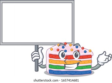 A cute picture of rainbow cake mascot design with a board