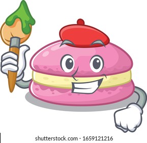 A cute picture of strawberry macarons as an Artist having a brush