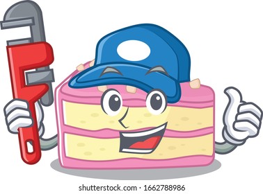 A cute picture of strawberry slice cake working as a Plumber
