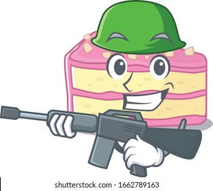 A cute picture of strawberry slice cake Army with machine gun