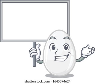 A cute picture of white egg mascot design with a board