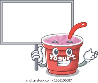 A cute picture of yogurt mascot design with a board