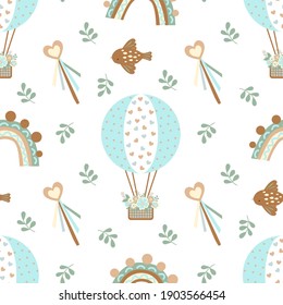 Cute pictures of brown birds and air balloon. Children's print in soft pastel colors. Seamless vector background. For fabrics, coatings, textiles, covers, notebooks, wrapping paper, scrapbooking etc