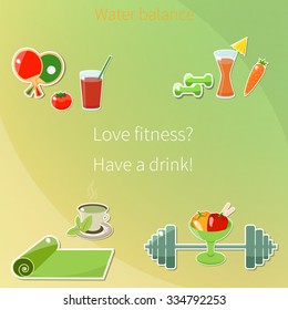 Cute pictures of fitness objects, vegetables and cocktails on bright background with text: Love fitness? Have a drink. Vector. Wellness.