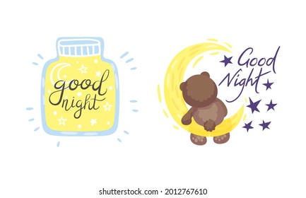 Cute Pictures with Good Night Inscription for Nursery Vector Set